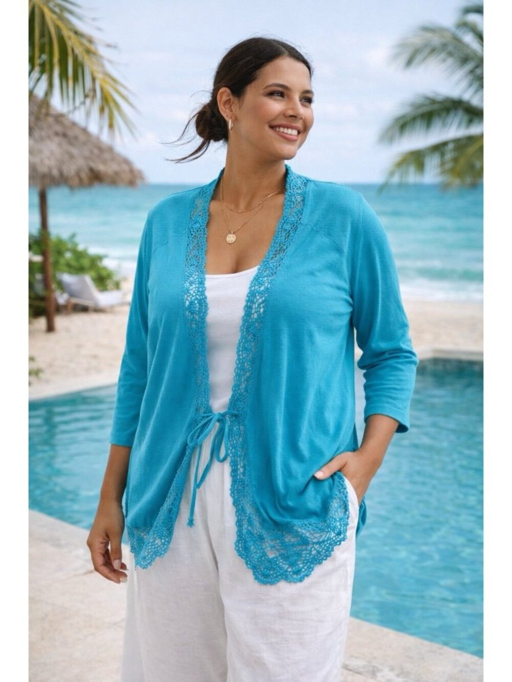 Bloomingdale’s Crochet Lace Trim Cardigan SZ 3X Blue Open Front Tie Quite Luxury